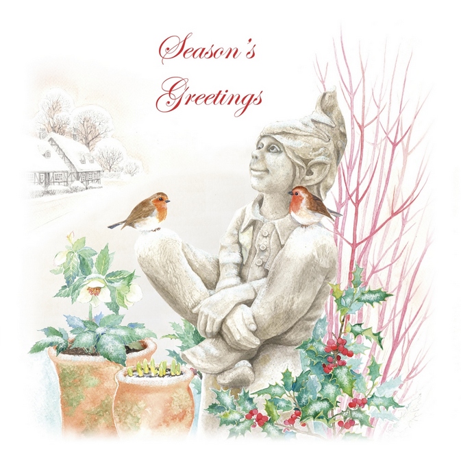 Garden Elf with Robin and Victorian Village. Christmas card by Irina Stetsenko